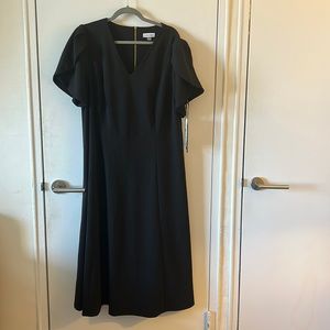 Calvin Klein A-line Black Dress with Scalloped Short Sleeves